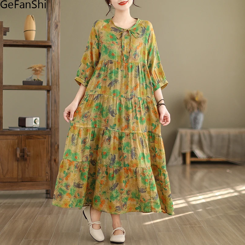 

2025 New Summer PrInt Half Sleeve Cotton Linen Beach Dresses Women Fashion Loose Casual Dress Robe Ladies Elegant Cool Clothing