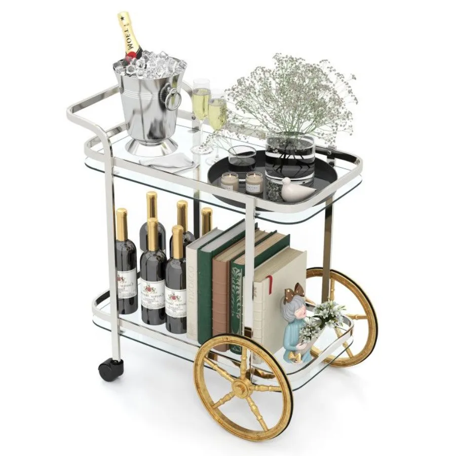 Chariot de barre en verre trempé à 2 niveaux avec 2 grandes roues en aluminium et 2 roulettes