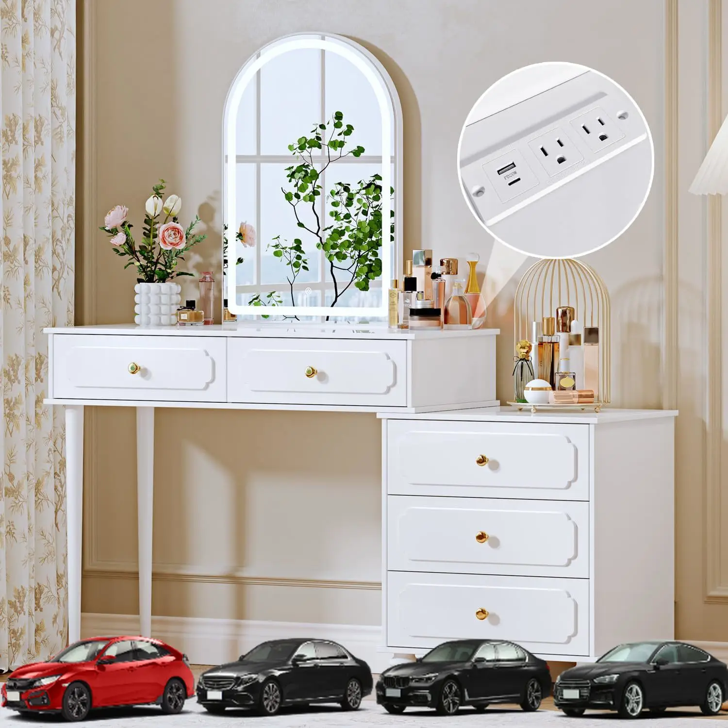 

White,Vanity Desk with Mirror and Lights,Makeup Vanity with Power Outlet and Adjustable Cabinet,Modern Makeup Table with 3 Drawe