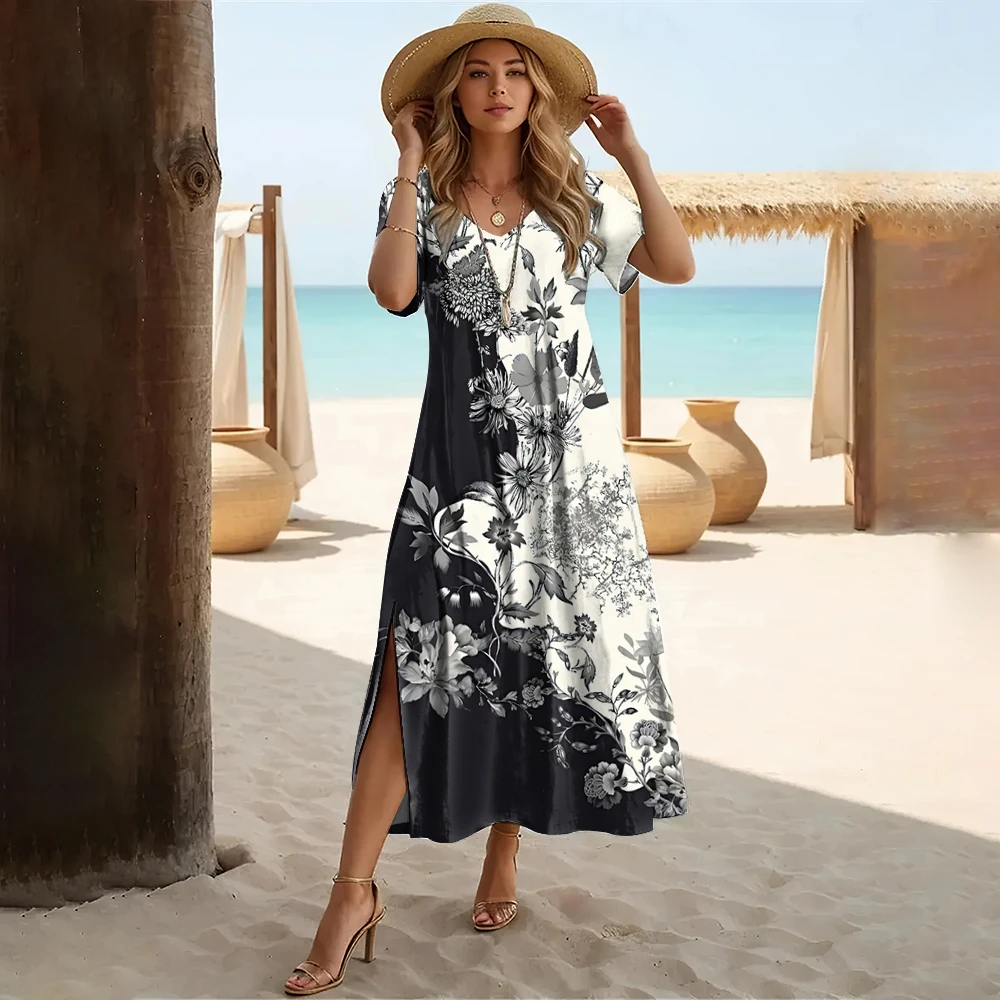 Robes décontractées à col en v pour femmes, été, plage en plein air, imprimé Floral, Style Patchwork, robes bohème hawaïennes, nouvelle collection 2025