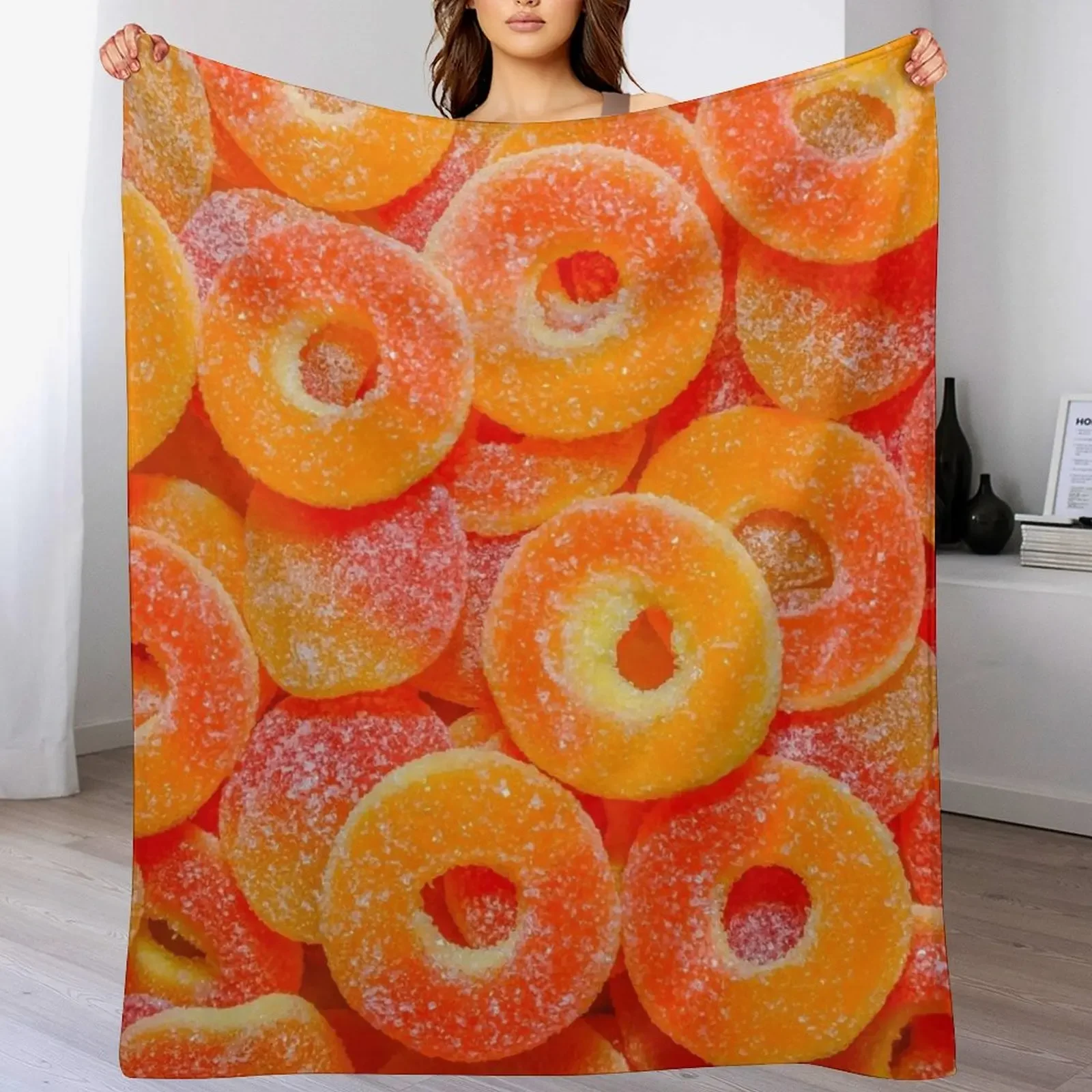 Sour Peach Slices and Rings Gummy Candy Photograph Throw Blanket Furrys Cute Plaid Blankets