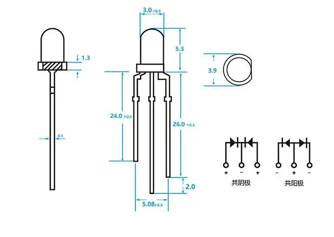100pcs F3/3mm Round Dual Color Fog Three Pins Red Green Blue DIP Light-emitting Diode