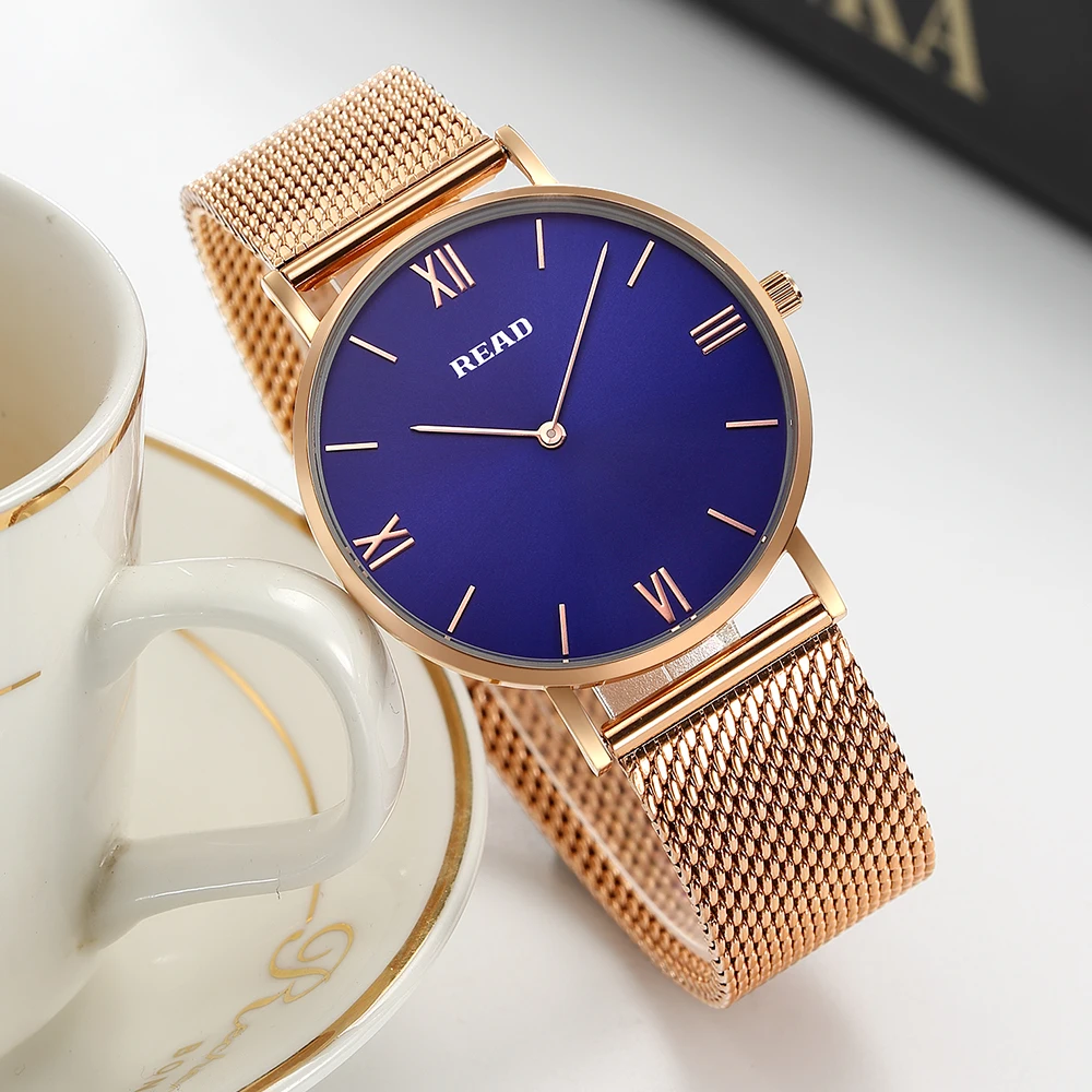 READ Minimalist Quartz Watch | Rose Gold Mesh Strap | Blue Roman Dial | High Hardness Glass | 3ATM Waterproof