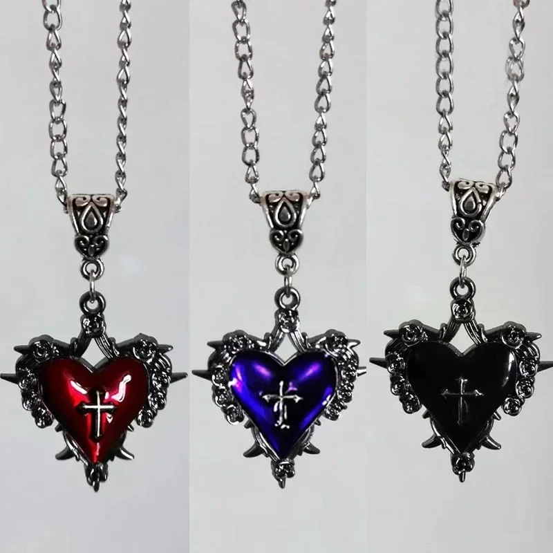 Gothic Death Cross Necklace for Man Women Fashion Witch Jewelry Accessories Gift Thorn Rose Red Heart Pendant Choker Necklace