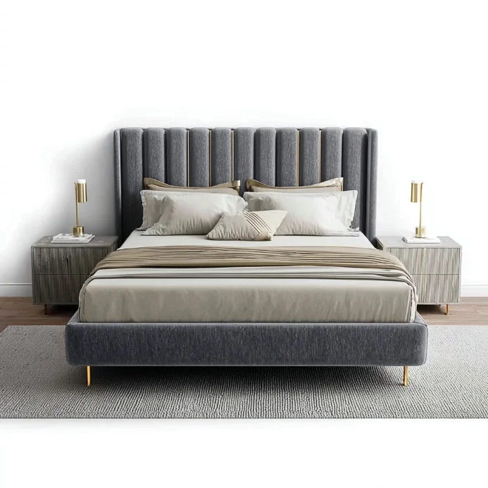 #Modern Gray Fabric Upholstered King Size Adjustable Storage Bed Headboard Wood Frame For Apartment-Friendly