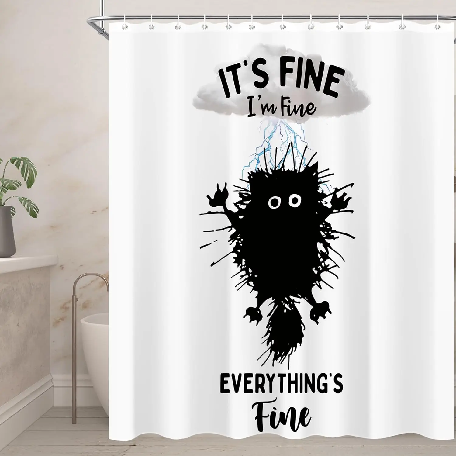 Funny Black Cat Shower Curtain Everything is Fine Lightning Animal Fun Waterproof Bathroom Bathtub Decor with Hooks