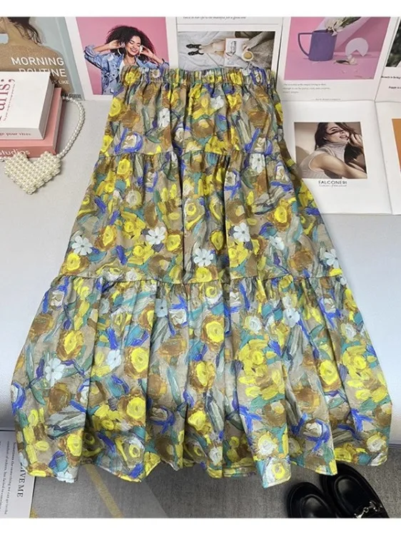 Summer Fashion Flower Printed Patchwork Elastic Waist A-line Skirt for Women Spring Fashion Beautiful Elegant Loose Casual Dress