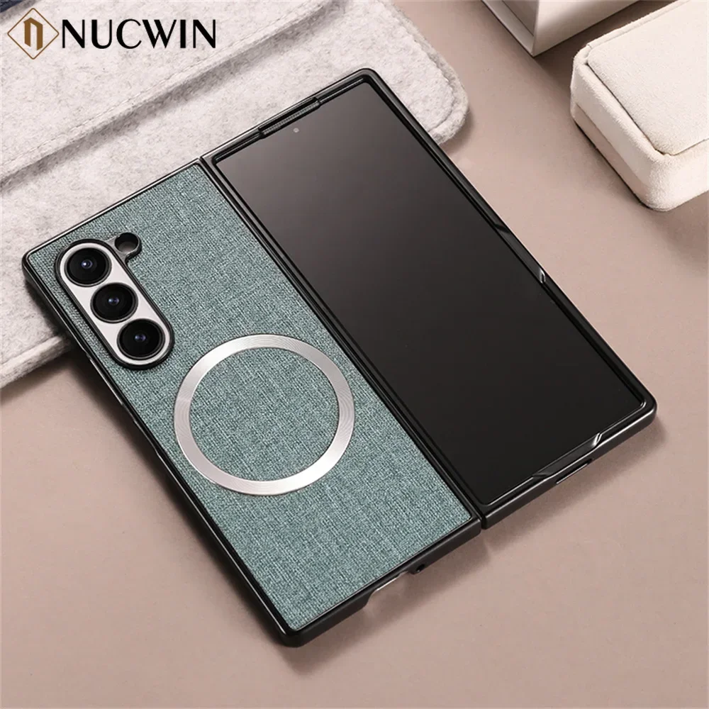 For Samsung Galaxy Z Fold 6 5 4 3 Case New Cloth Pattern Magsafe Magnetic Cases For Galaxy Z Fold6 Fold5 Wireless Charging Cover