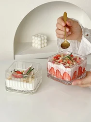 Transparent Square Striped Glass Bowl Home Girls Dessert Snack Ice Cream Ice Cream Yogurt Fruit Oatmeal Breakfast Bowl