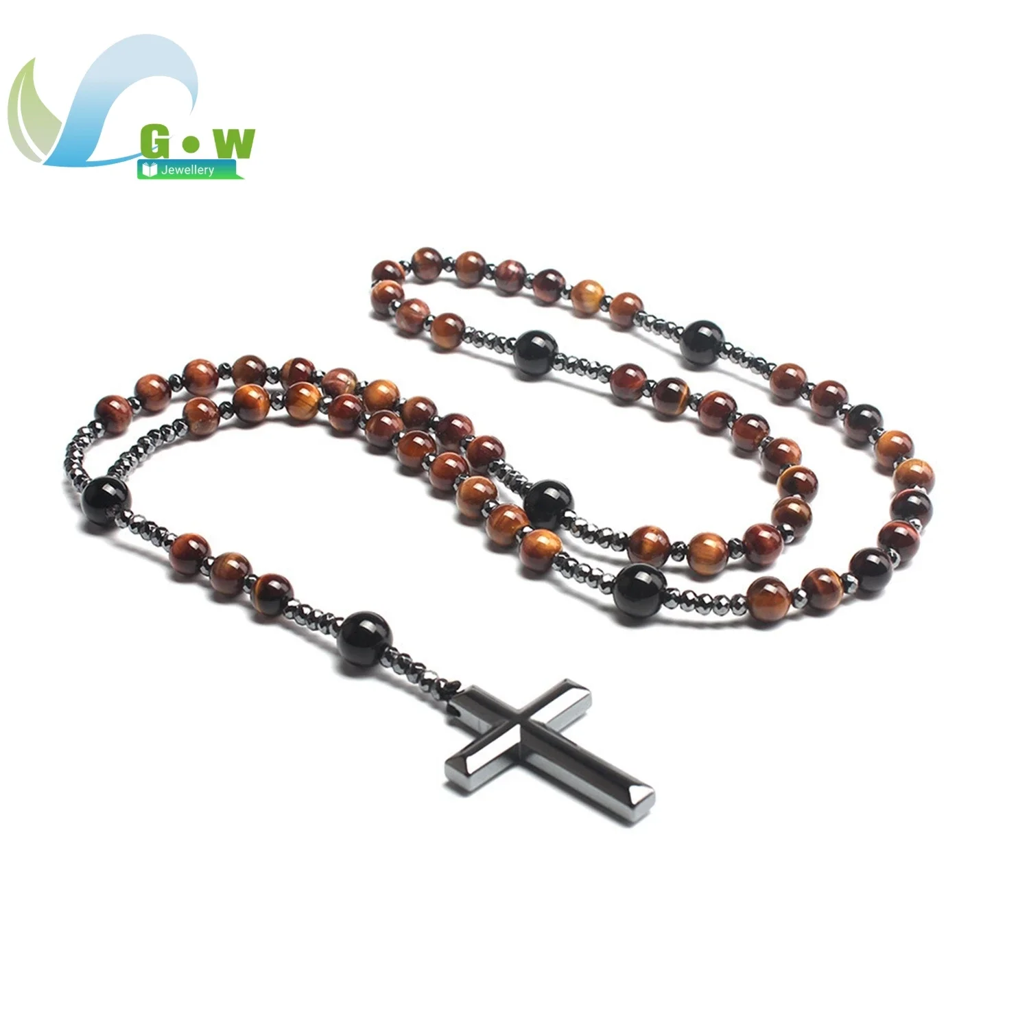 Unisex Black Tourmaline Cross Pendant Natural Stone Beaded Chain Adjustable Men Necklace Spiritual Protection Healing Energy