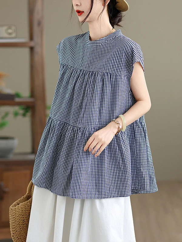 ผ้าฝ้ายแท้ลายสก๊อตสีฟ้าและสีขาวสำหรับผู้หญิงฤดูร้อนบางสบายๆหลวมรอบ Ne Top สบายระบายอากาศได้ดีหรือ Sve