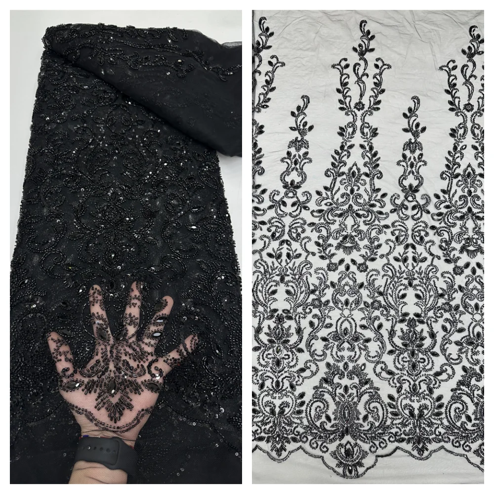 

fashion Latest African Beaded Lace Fabric Embroidery French Mesh Sequins Lace Fabric Nigerian Tulle Lace for Party