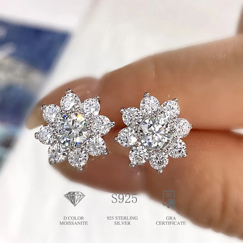 DW 0.5CT Moissanite diamentowy kwiat stadniny kolczyki dla kobiet prawdziwe 925 srebro pasjans wieczność wesele biżuteria
