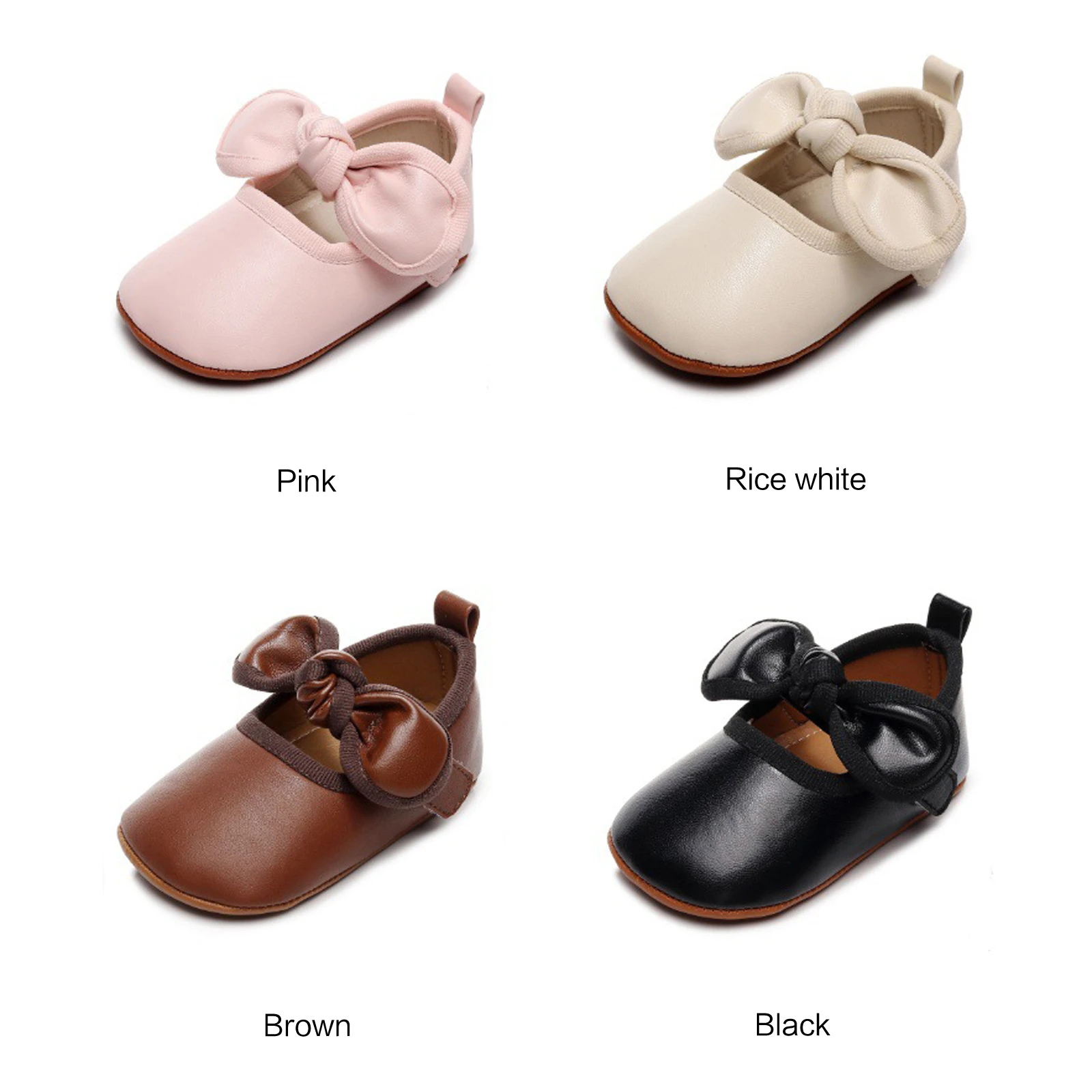 Baby Girl Princess Dress Shoes Faux Leather Bowknot Mary Jane Flats Crib Shoes with Non-Slip Rubber Sole