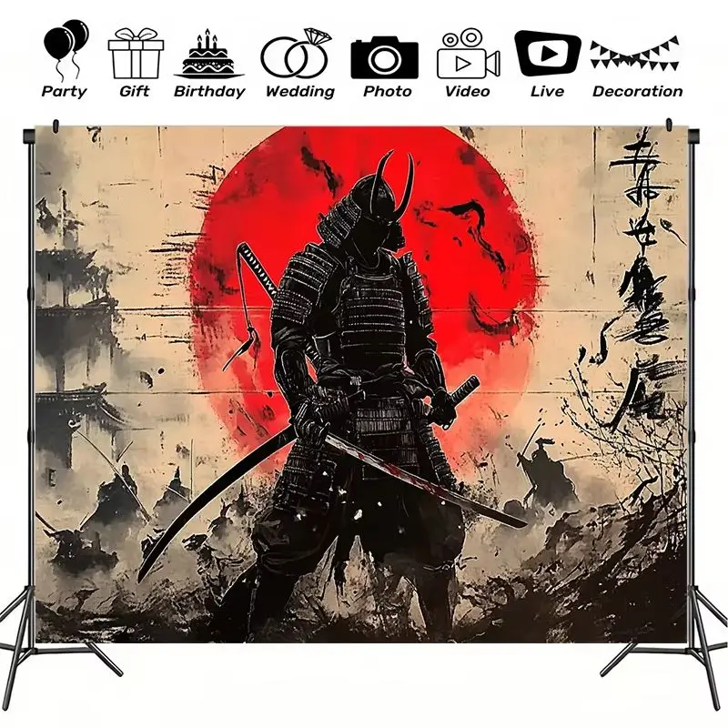 VIKAMA Japanese Samurai Tapestry Ink Wash Warrior Red Circle Wall Hanging Vintage Asian Art Gaming Bedroom Dorm Wall Decor