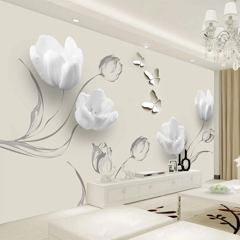 Customized Mural Wallpaper Modern 3D Tulip Butterfly Flower Fashion Home Decor Living room TV background wall bedroom restaurant