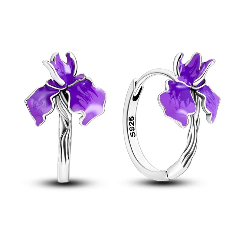 100% 925 Sterling Silver Earrings Purple Flower CZ U Shape Blue Zircon Jewelry For Sparkling Hoop Earrings Wedding