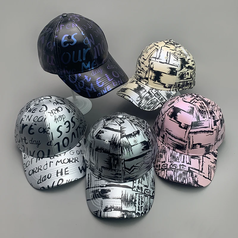 Kpop Shiny Letter Graffiti Letter Men Women Baseball Hats Faux Comfortable Vegan Leather Streetwear Fashion Sport Hip Hop Caps