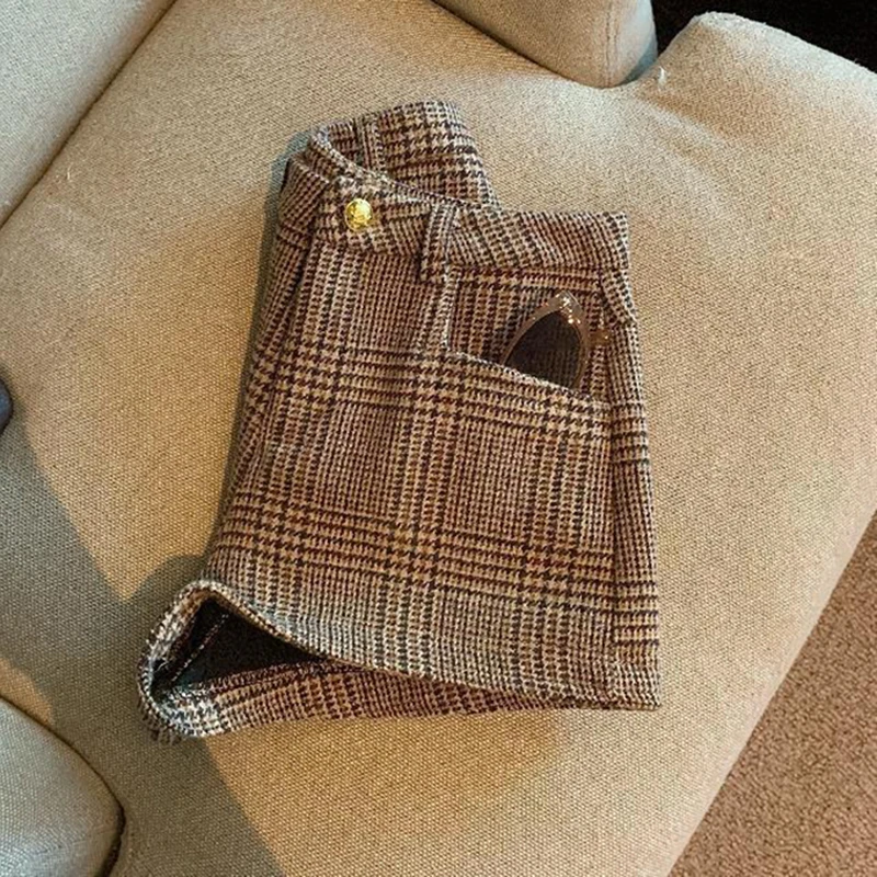 خمر منقوشة دعوى السراويل النساء عالية الخصر حزام غير رسمي كل مباراة واسعة الساق السراويل أوائل الخريف Preppy طالب مستقيم السراويل جديد