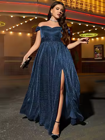 Mgiacy plus size Short sleeve line neck high slit gorgeous woven evening gown ball dress Party dress bridesmaid dress