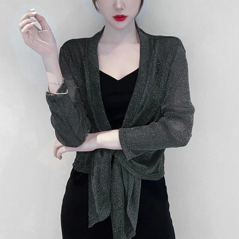 2025 Women Pearlescence Ice Silk Sunscreen Clothes Tops Coat Female Lace Shawl Loose Fitting Cardigan Ice Silk Sunscreen Jacket