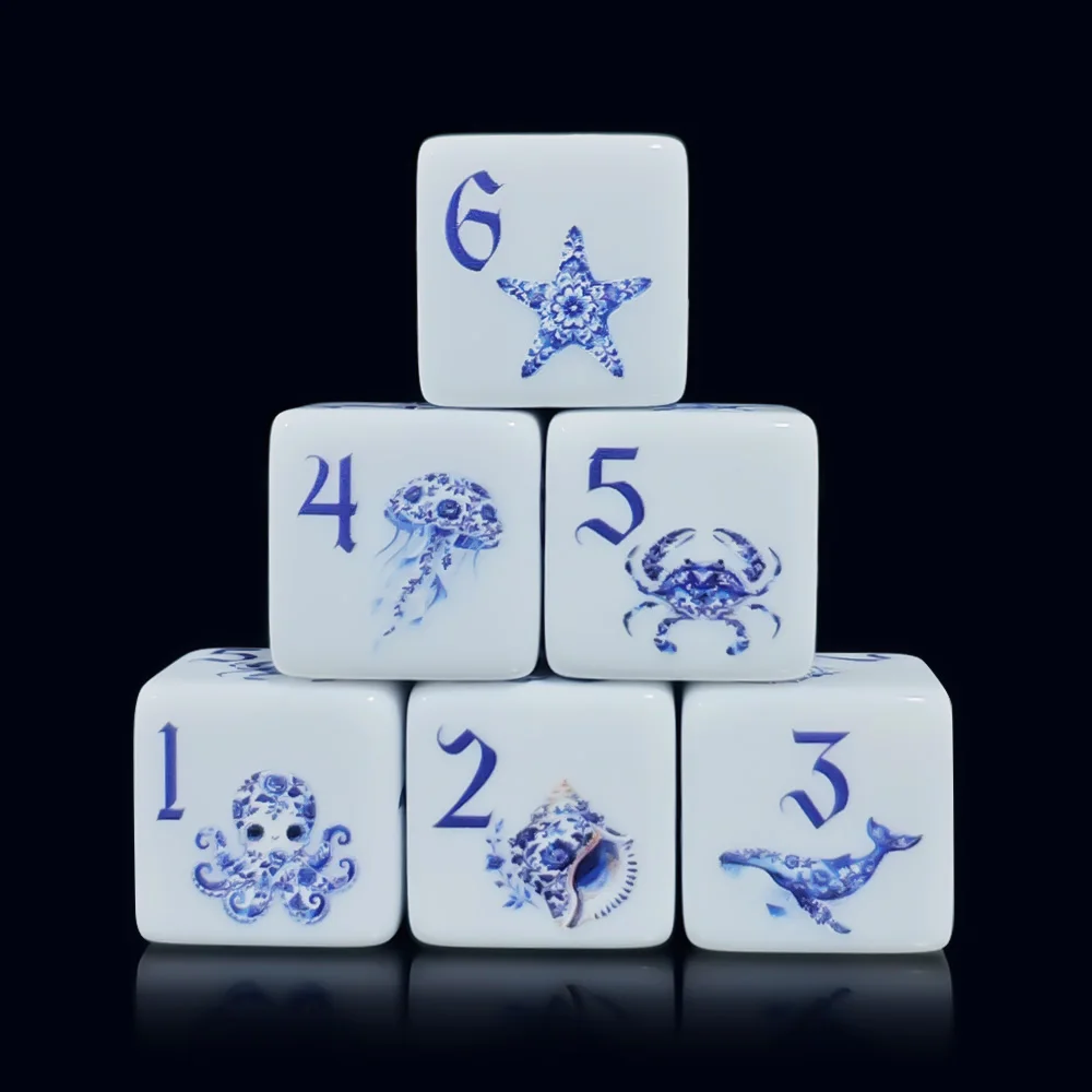 12Pcs Blue Ocean Dice, Sea Creature 6-Sided Printed Dice, Coastal Decor Gift For Ocean Fans Board Game Table Gaming Gear