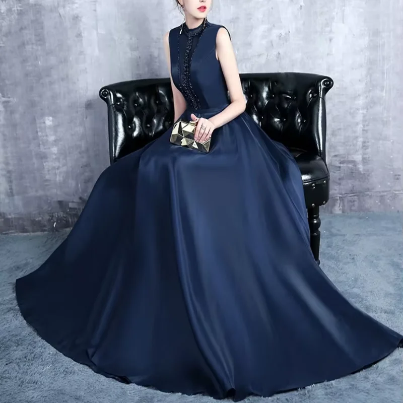 

QR Customized Elegant Goddess High Collar Splicing A-line Satin Banquet Socialite Special Occasion Evening Gown