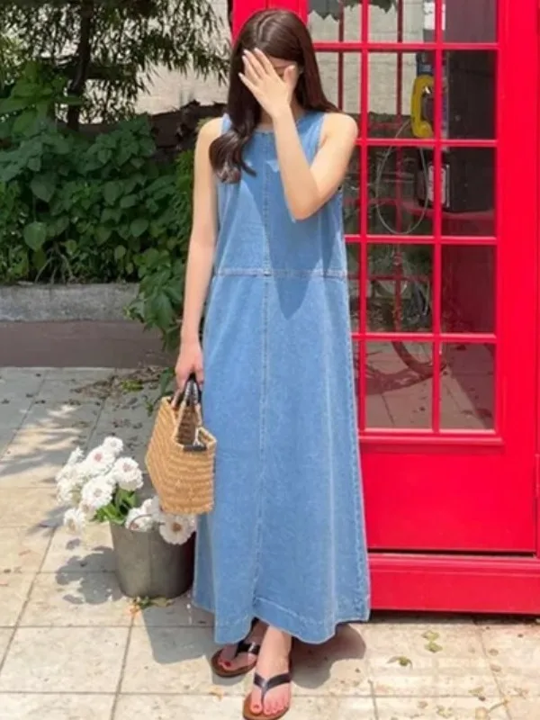 Vestido Ceco Vaquero Azul Deado para Mujer, Nuevo Estilo Vintage de Verano, Hoado, Recto, Falda Larga, Cómodo, Transpi...