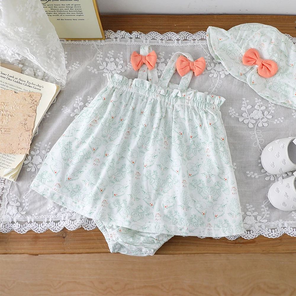 فستان قصير صيفي من القطن المزين بالزهور للأطفال مع زخرفة فيونكة على طراز الأميرة للفتيات بدون قبعة