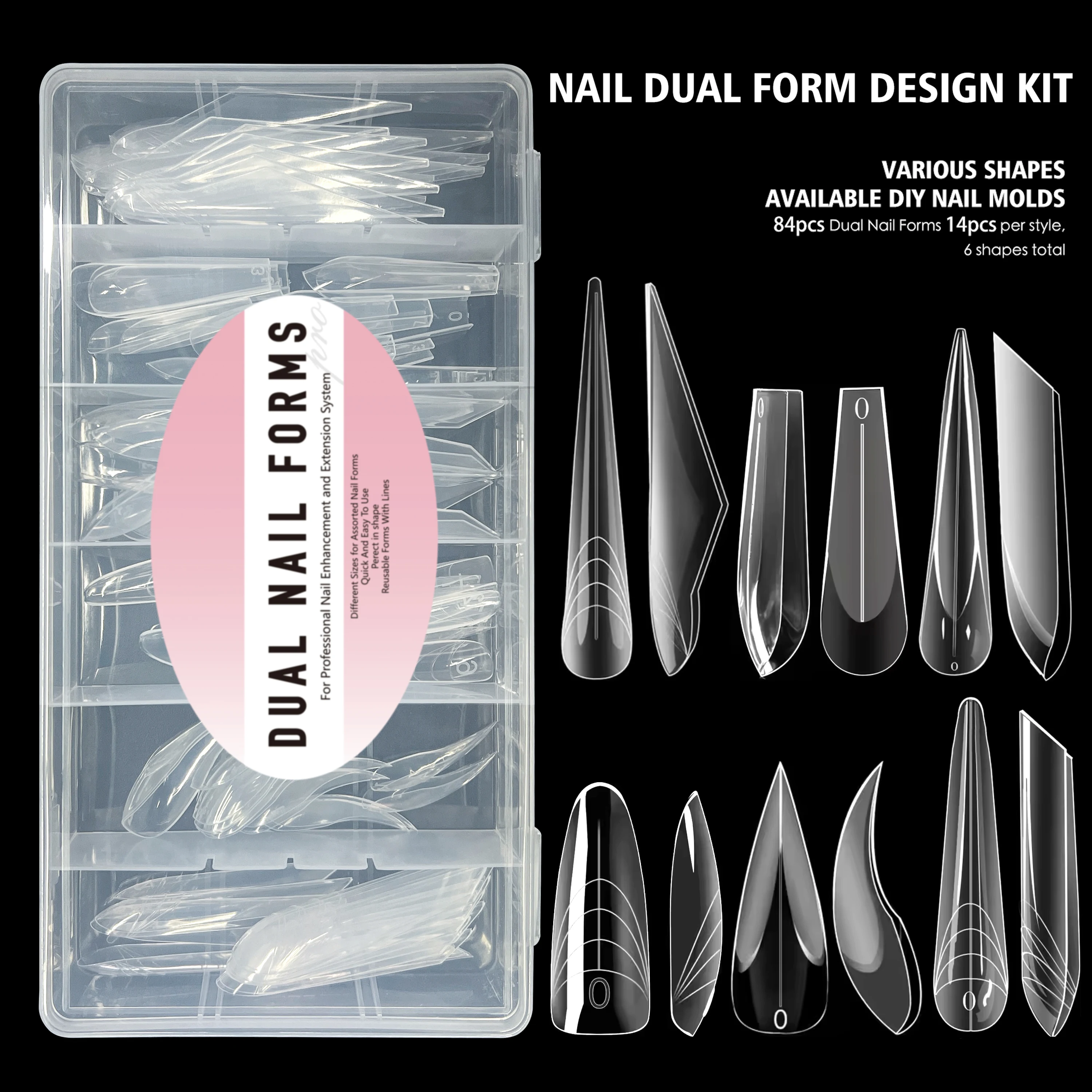 

6-in-1 Clear Nail Dual Forms Full Cover Poly Extension Gel Nail Mold Curved Stiletto Acrylic Nail Top Forms Manicure Tools 84pcs