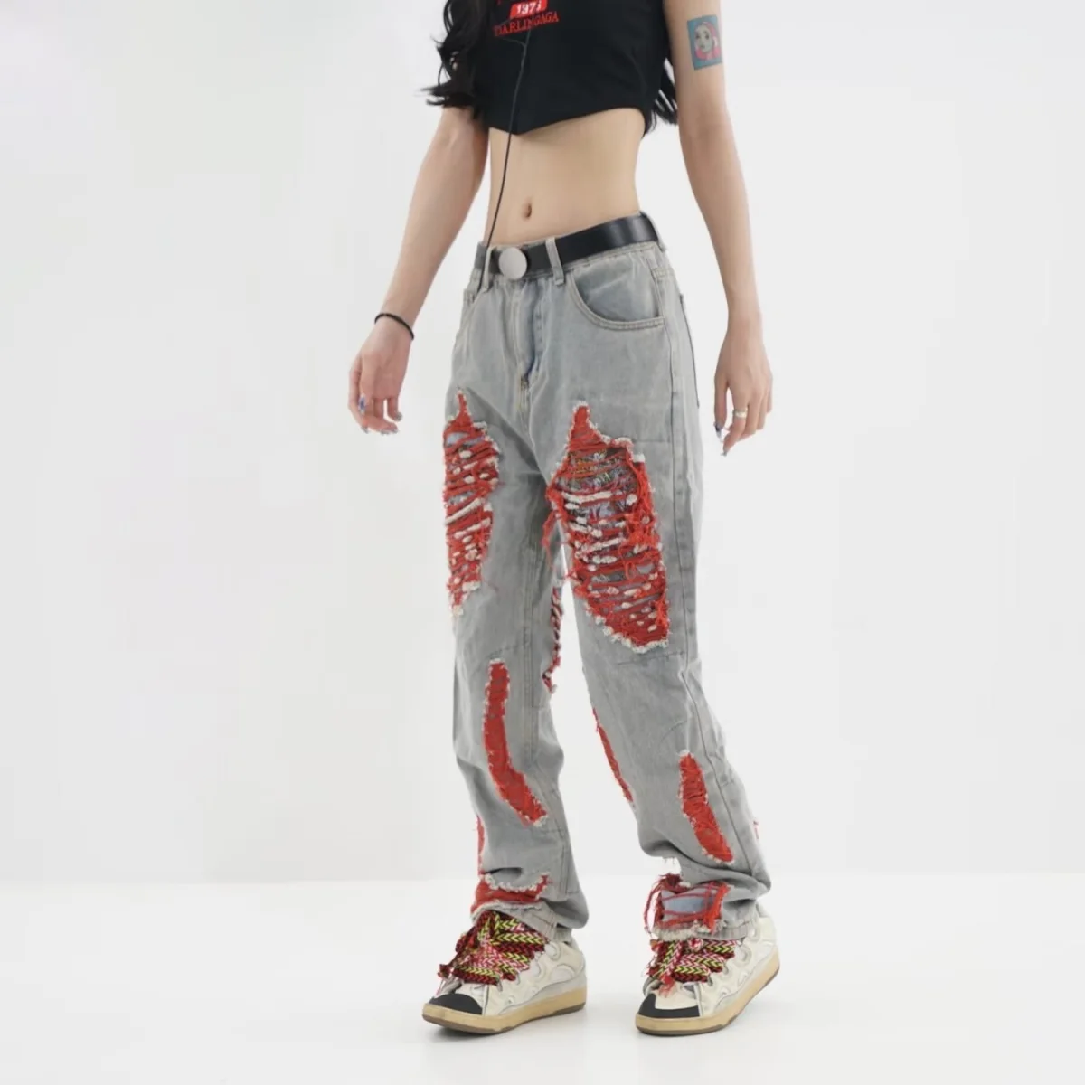 Retro Y2k Baggy Pants red Ripped Jeans Women Streetwear High Waist Gradient Color Fashion Casual Mopping Trousers y2k jeans