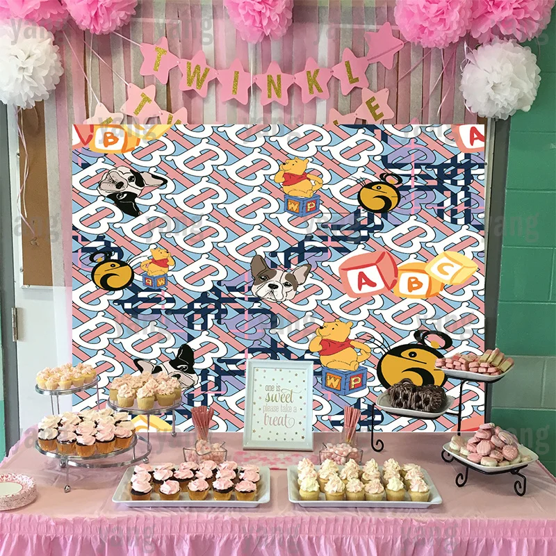 Lovely Disney Birthday Decoration Backdrop Party Cartoon Wall  Winnie Bear Tigger Piglet Banner Custom Baby Shower Background