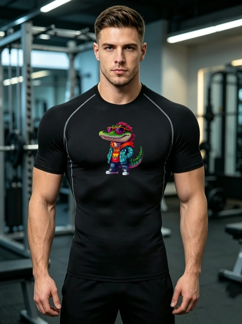 Men's Cartoon Crocodile Print Compression T Shirt Quick Dry Breathable Short Sleeve Gym Sport Tops Running Bodybuilding Tees
