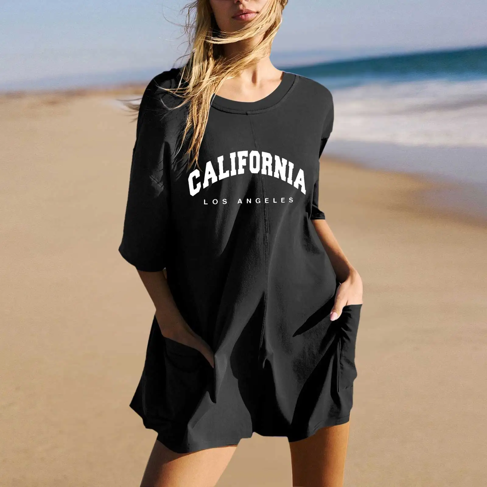 

Fashion Short Sleeve Loose Beach Jumpsuits For Women 2024 Summer Casual Pocket Casual Shorts One Pieces Letter Playsuit Romper