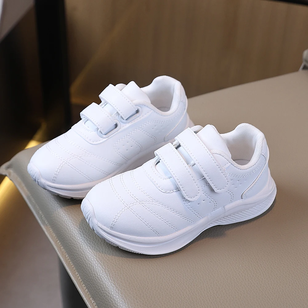 COMFY KIDS Boys Girls White Leather Hook and Loop School Sneakers, Soft Cushioned Non-Slip Waterproof Casual Running Shoes, All