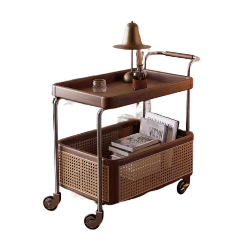 

Solid Wood Mobile Castor Side Table with Stainless Steel Storage Trolley Living Room Rattan Rack for Organizing Storage Units
