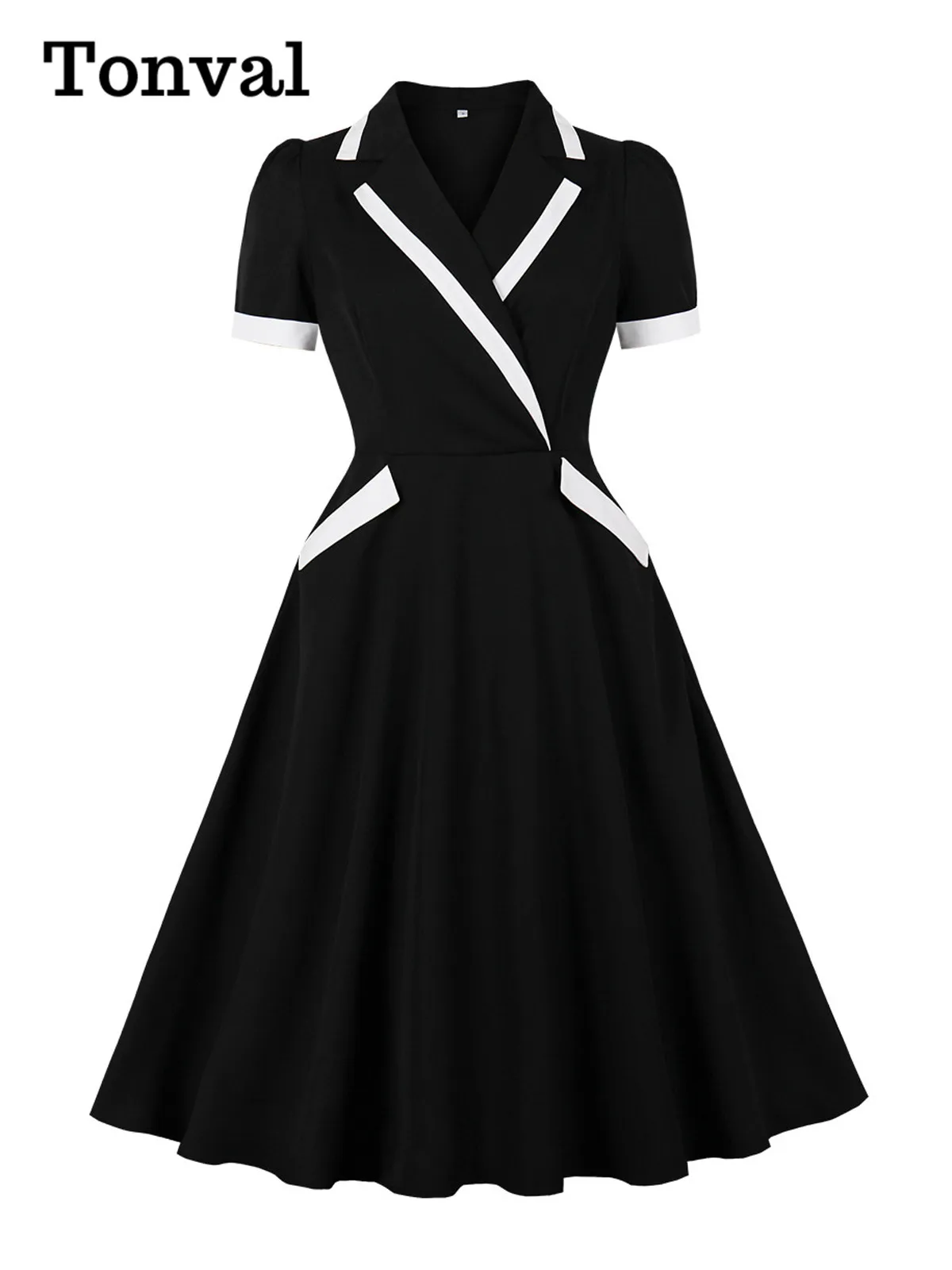 Tonval Notched Collar Formal Black Contrast White Elegant Dresses for Women Flare Hem Pockets Side Vintage Long Dress
