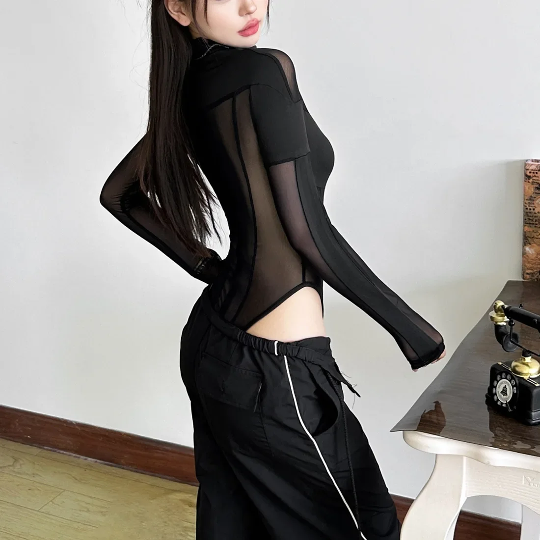 IMU Sexy See Through Bodysuit Women Dark Gothic Streetwear Emo Alternative Grunge Y2k Long Sleeve O-neck High Waist Jumpsuit view 5