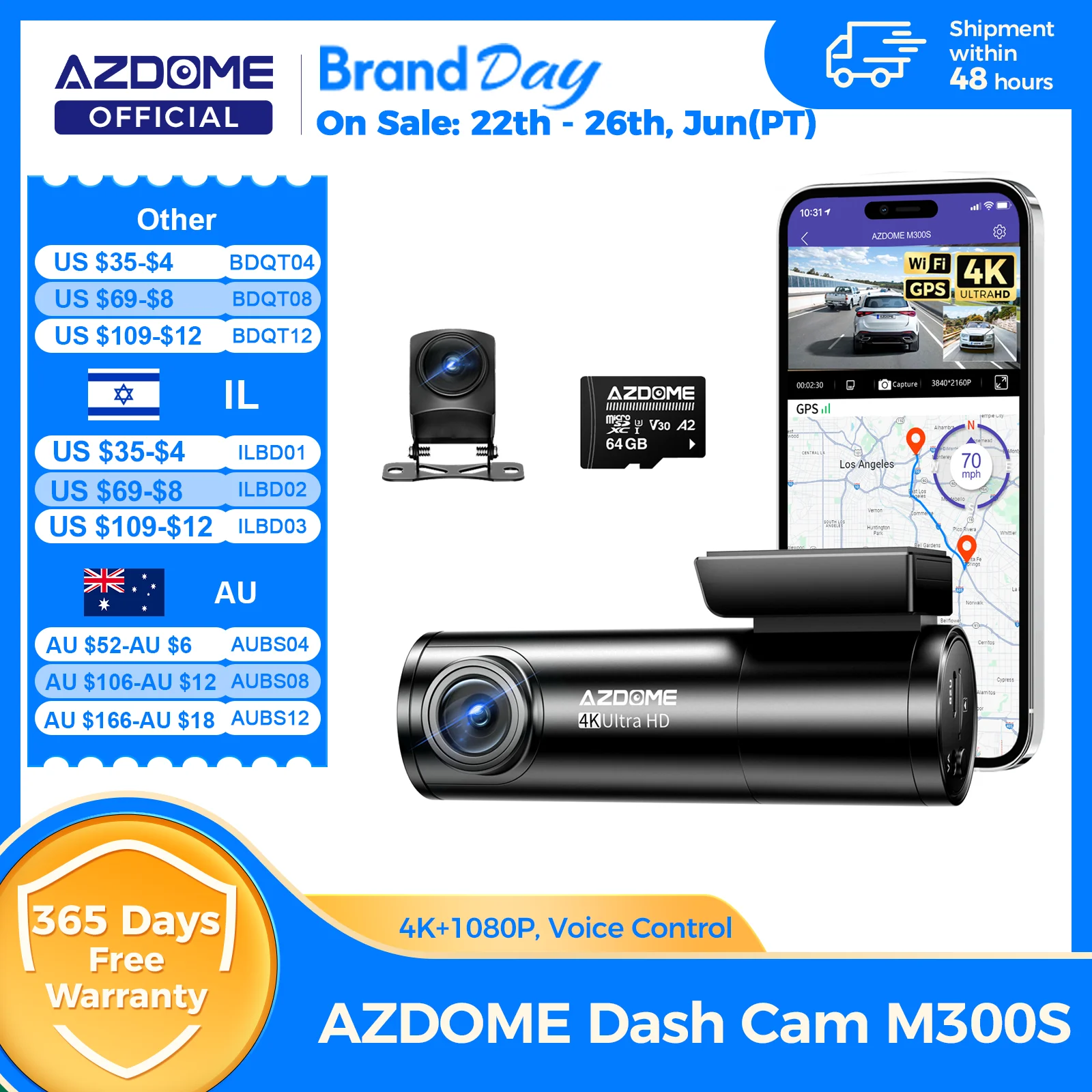 מצלמת דרך AZDOME M300S 4K+1080P עם מצלמה אחורית