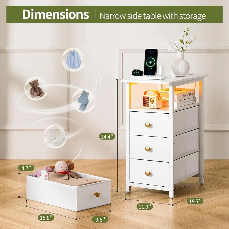 End Table with Charging Station, LED Narrow Side Table Bedside Table, Small Night Stand End Tables Living Room