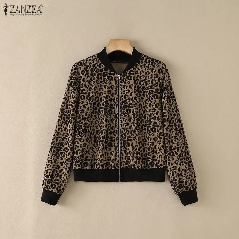 Autumn ZANZEA Women Jackets Leopard Print Zip Up Bomber Jackets Long Sleeve Casual Thin Coat Tops Streetwear Blusas Oversize
