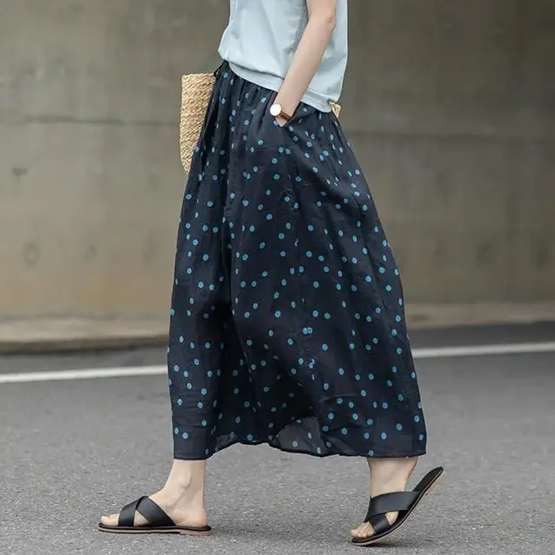 Summer Skirt Women's Polka Dot Ramie New Chinese Style Skirt with Elastic Waist Women Clothing