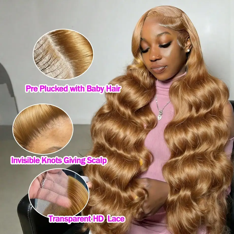13X6 HD Lace Frontal Colored Wig Honey Blonde Body Wave Lace Frontal Wig 180% Density #27 Colored Pre Plucked 13X4 Transparen Brazilian Hair Wig For Women