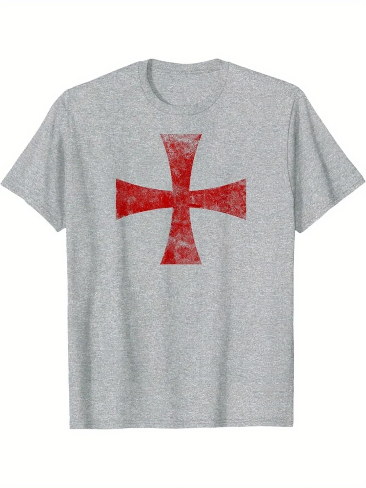 Templar Cross Simple Christian Temple Cross design-100% cotton summer O-neck short sleeve casual printed men's T-shirt.