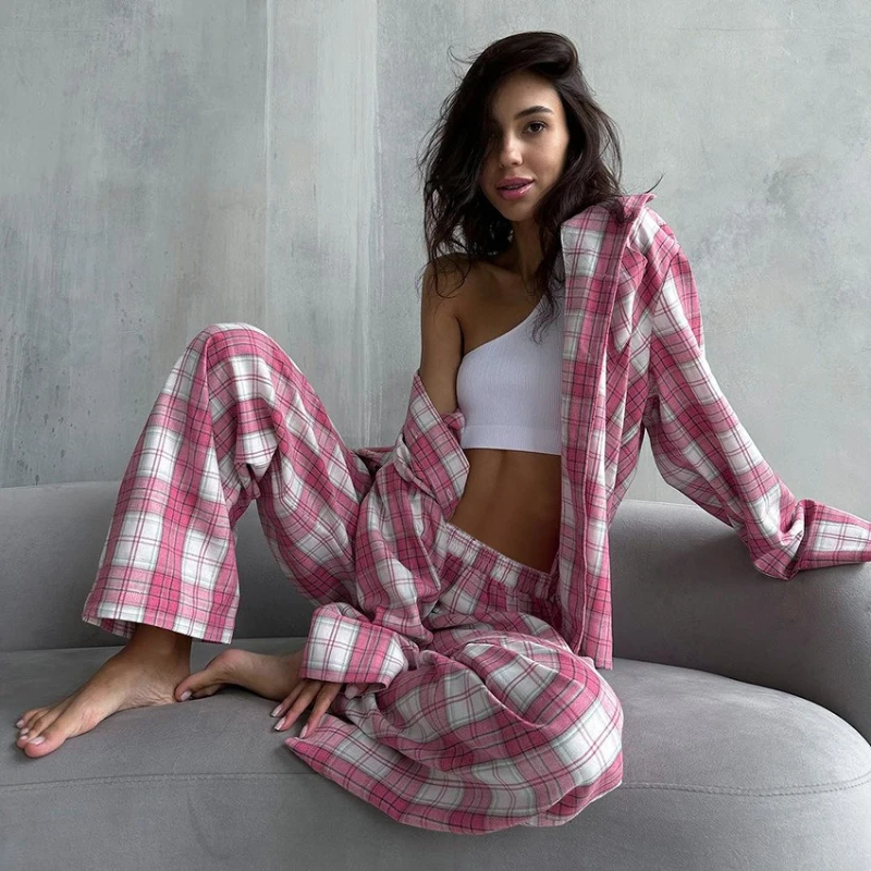 2025 Autumn and Winter New Loose Comfortable Gentle Plaid Cotton Long Sleeved Top and Pants Two-piece Set for Women
