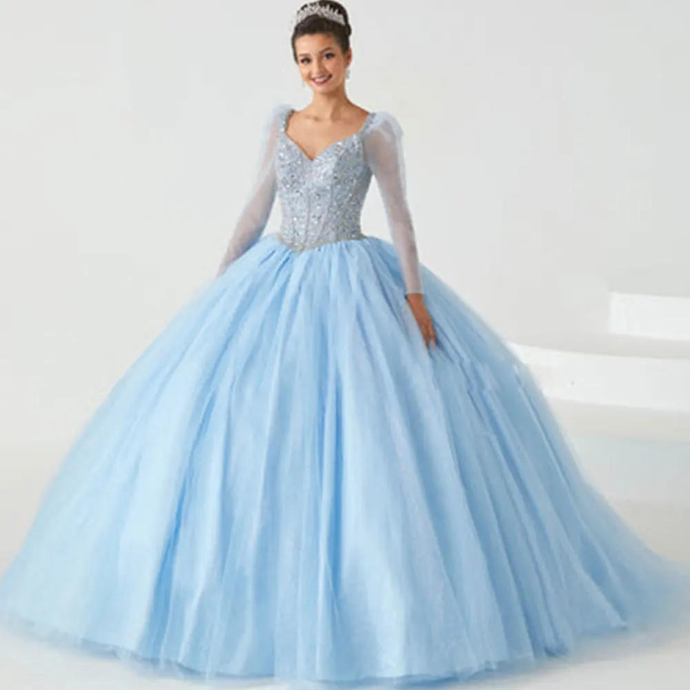 Disesuaikan gaun Quinceanera yang indah gaun bola Tulle V-Neck lengan panjang lipatan kristal dengan pita berenda indah ulang tahun Pa