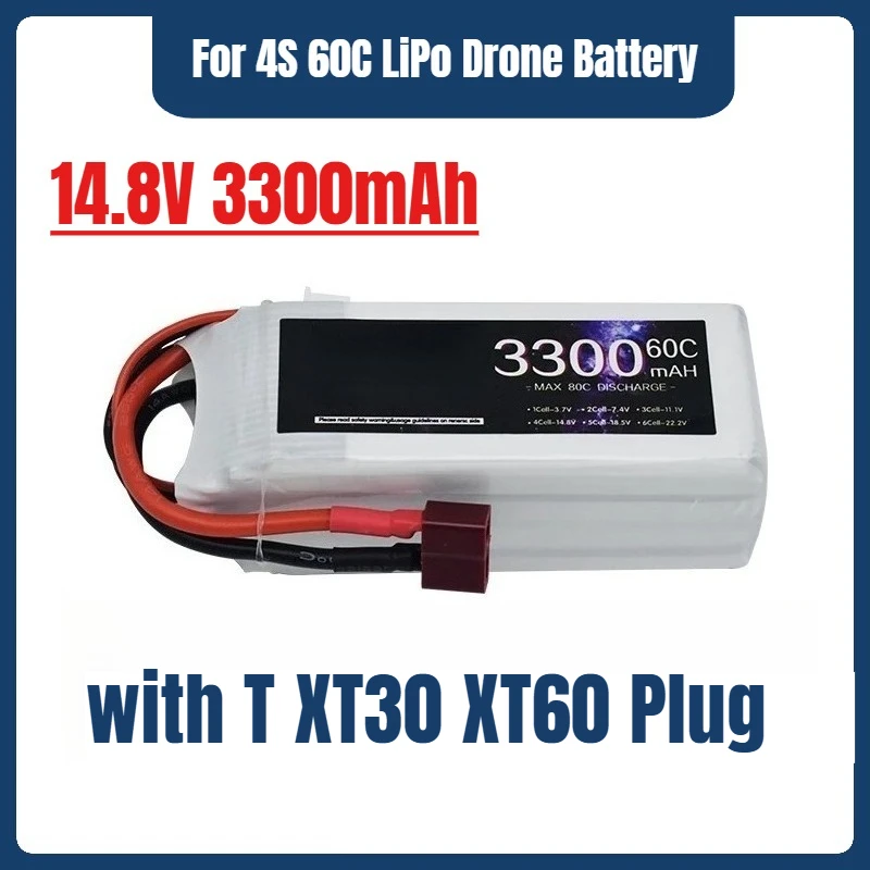

4S 60C LiPo Drone Battery 14.8V 3300mAh for RC FPV Drone Quadcopter Racing Car with T XT30 XT60 Plug