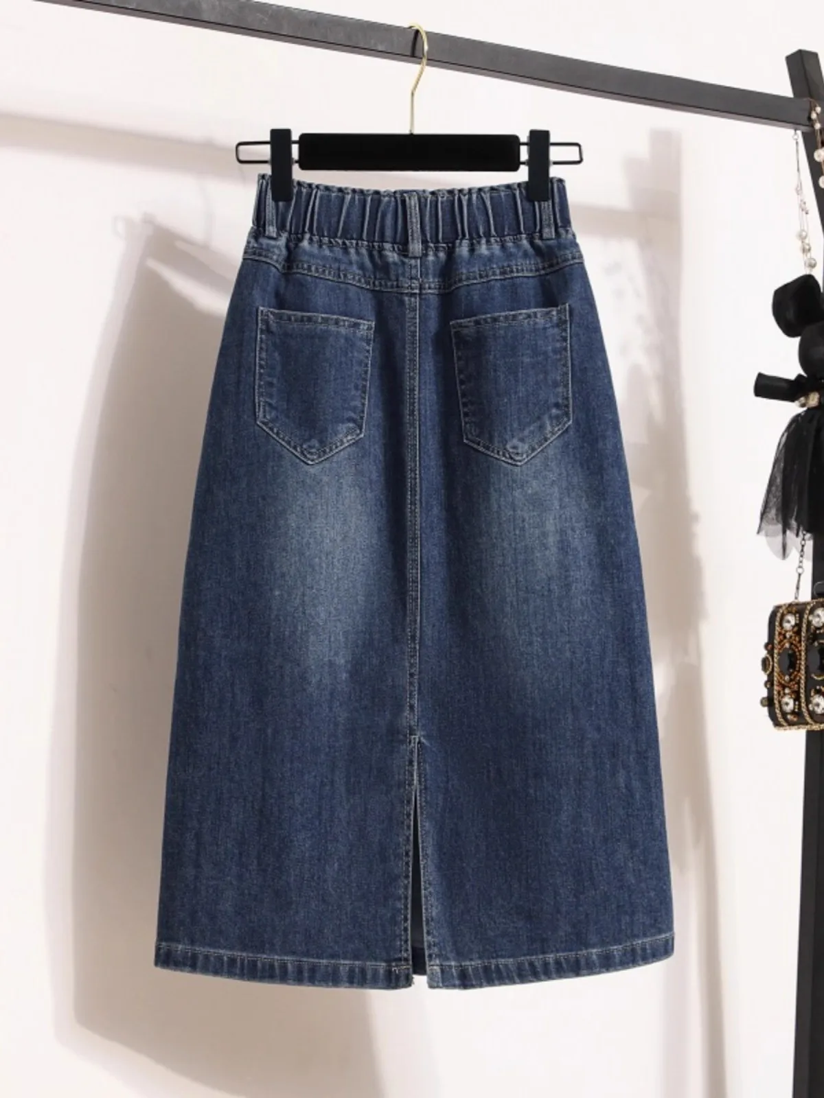 plus Size Summer New Elastic Waist A-Line Denim  Skirt Women's Split Casual Denim Skirts Trendy High Waist Pure Color