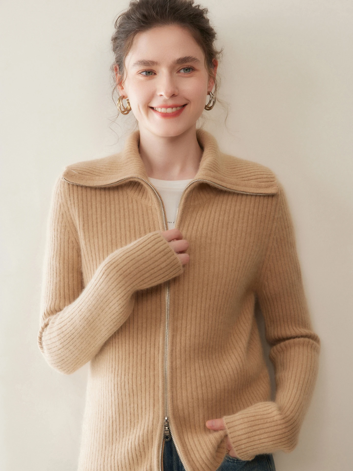 

Simple Women Cardigan Sweater 100% Cashmere Knitted Autumn Winter Turn-down Collar Soild Zipper Soft Comfort Long Sleeve Tops