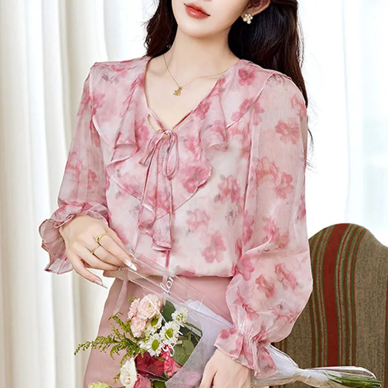 レディースブラウスシャツ 新品 長袖 Vネック プリント レースアップ フリルブラウスシャツ レディース トップス ブラウス シャツ ブルサス カミサス 2025 Q1341